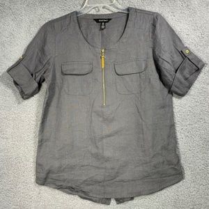 Ellen Tracy Linen Blouse Top Gray Gold Zipper